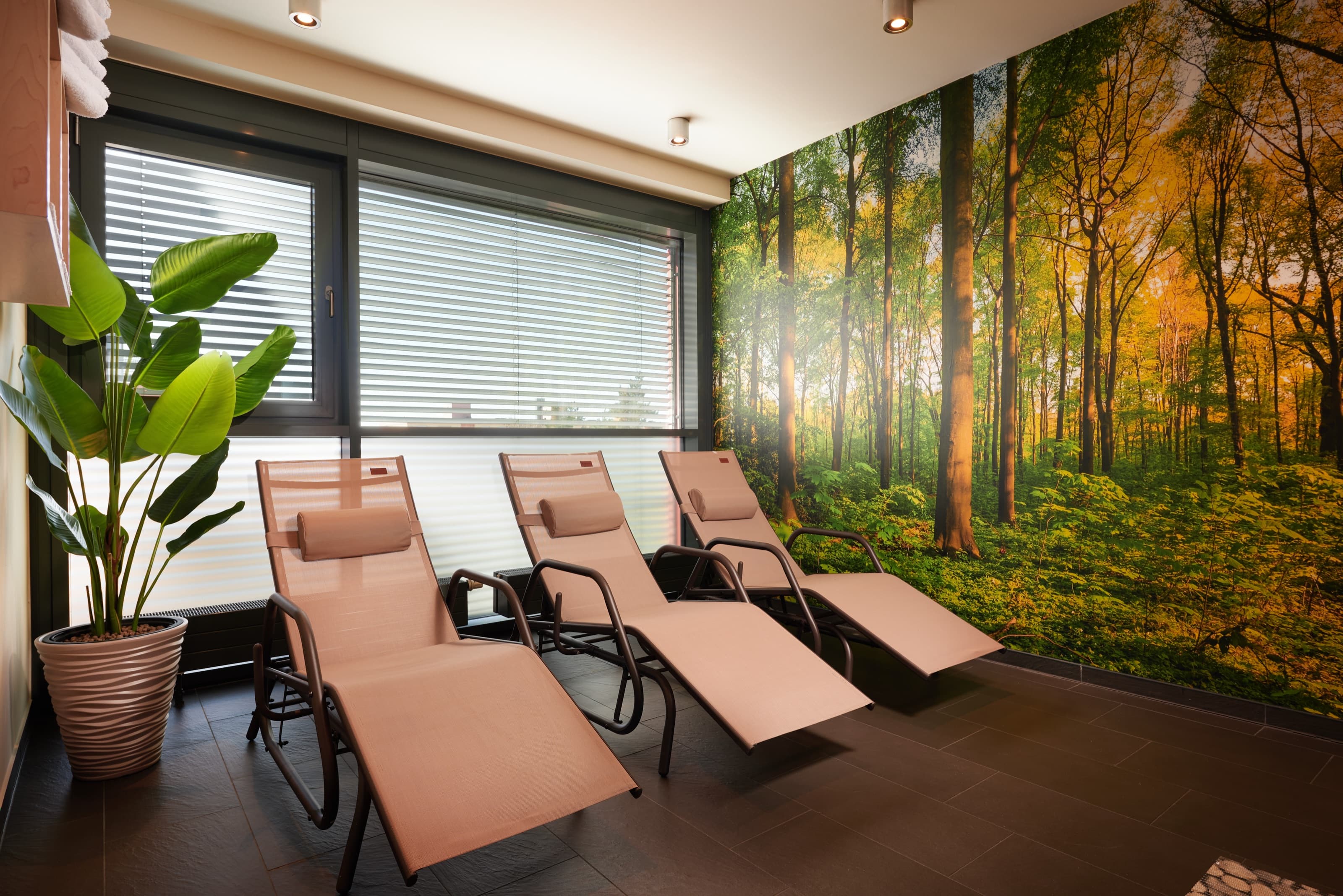 Ruheraum im NOVINA Hotel Tillypark mit Relaxliegen vor einer Waldtapete zur Entspannung nach dem Sport
